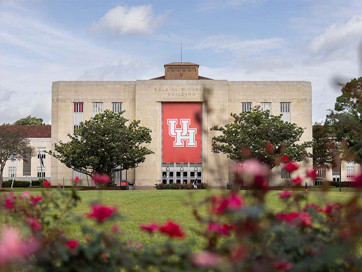 Cullen Performance Hall with red UH banner