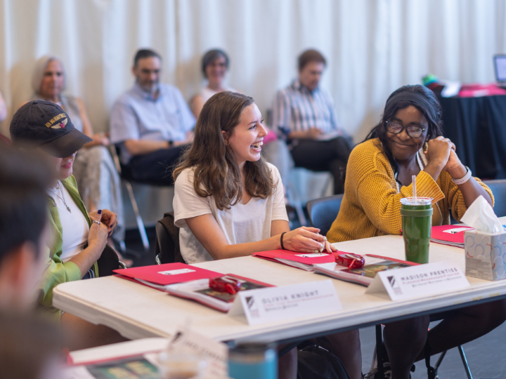 Actors Madison Prentiss, center, and Dinah Ndu, right, at Houston Shakespeare Festival table readings.