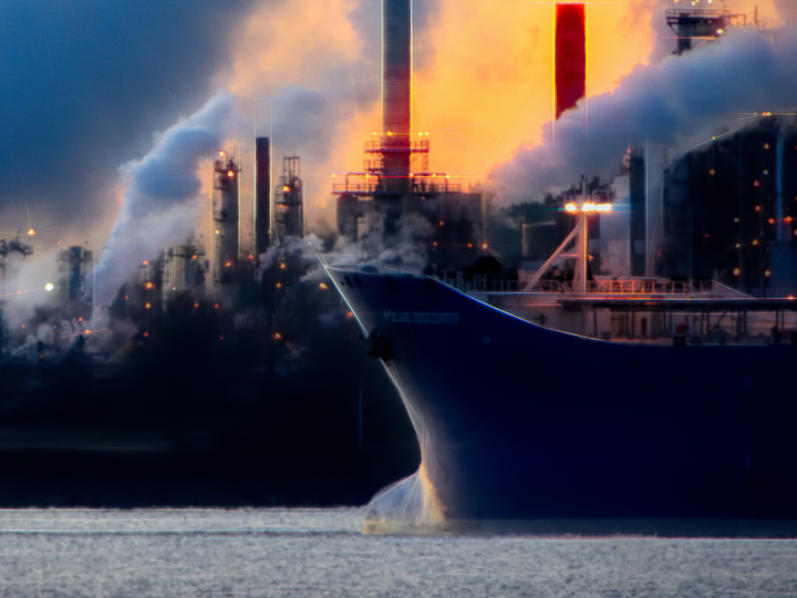 Large ship with smoke coming out of its vent as it crosses in front of a refinery