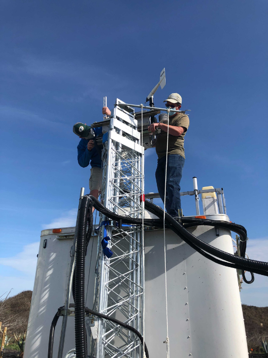 Two men install an item on top of a truck