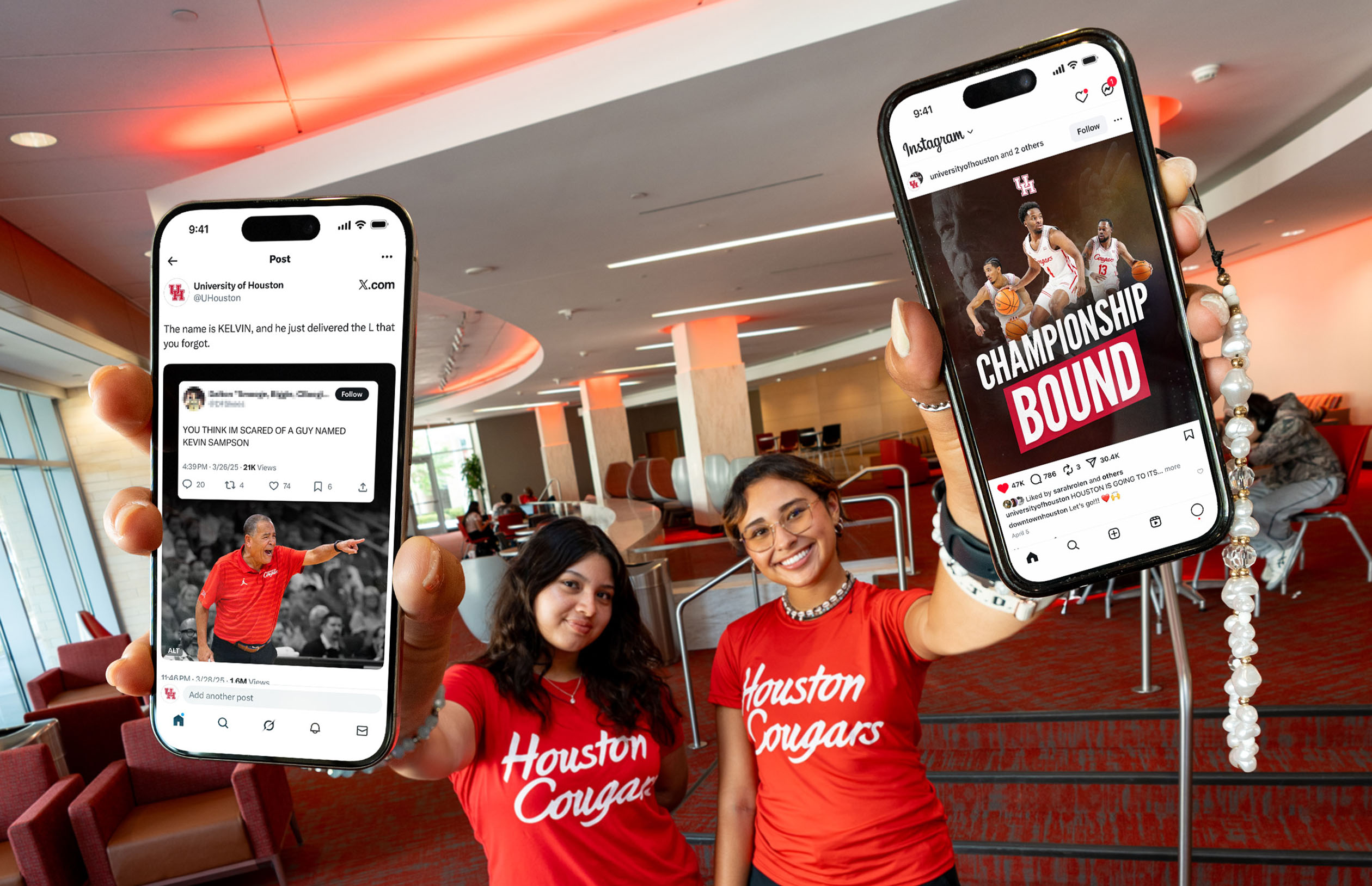 UH students holding up phones with social media posts.