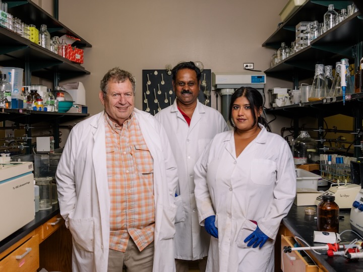 uh researchers William Widger, Madhan Tirumalai and graduate student Sahar Ali pose for a photo