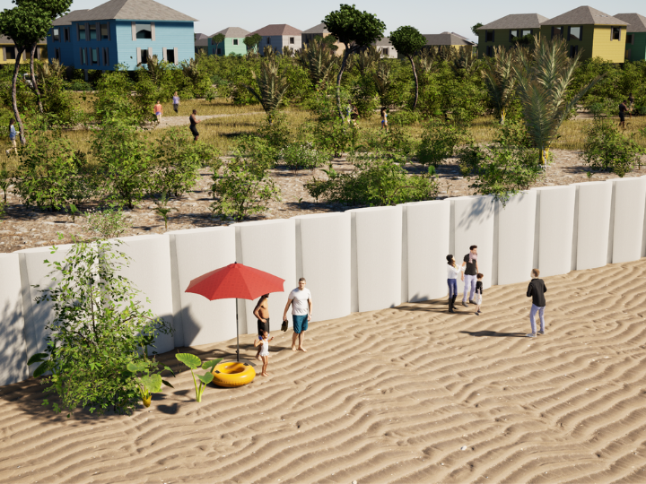 coastal sea wall made of repurposed wind turbine blades