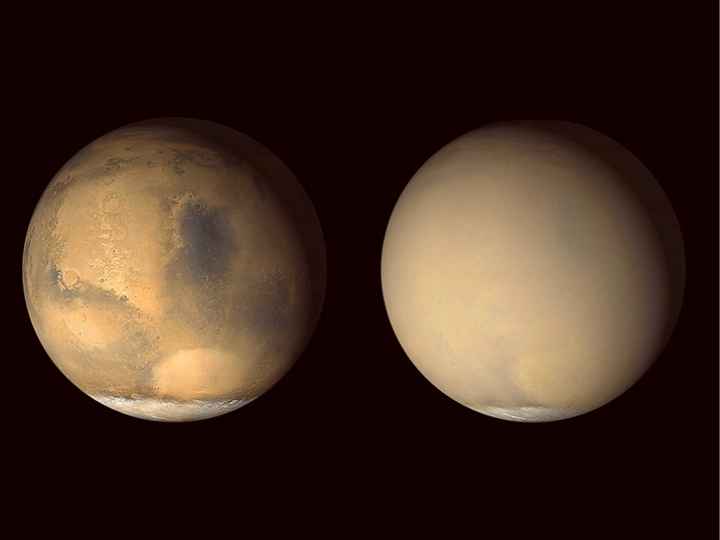 Two photos of Mars – one with dust storm, one without