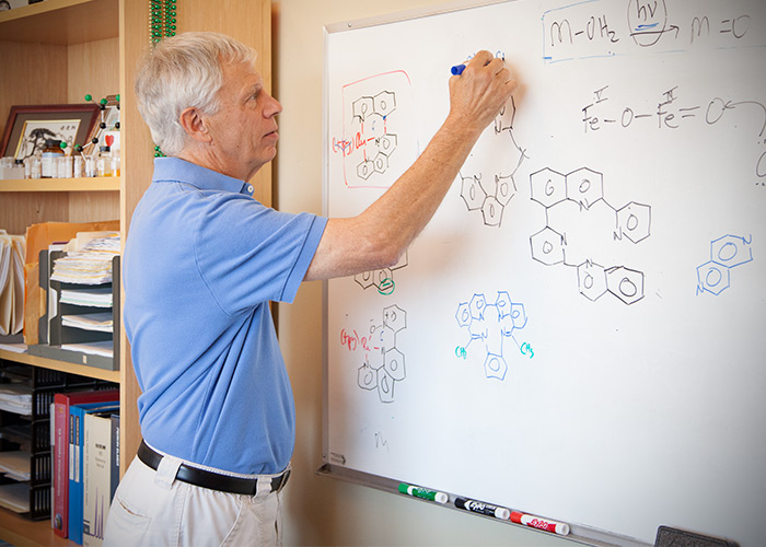 Thummel received a 3-year, $570,000 grant from the Department of Energy. This grant will fund his on-going efforts to develop a catalyst that can use the energy from sunlight to break down water into hydrogen and oxygen.