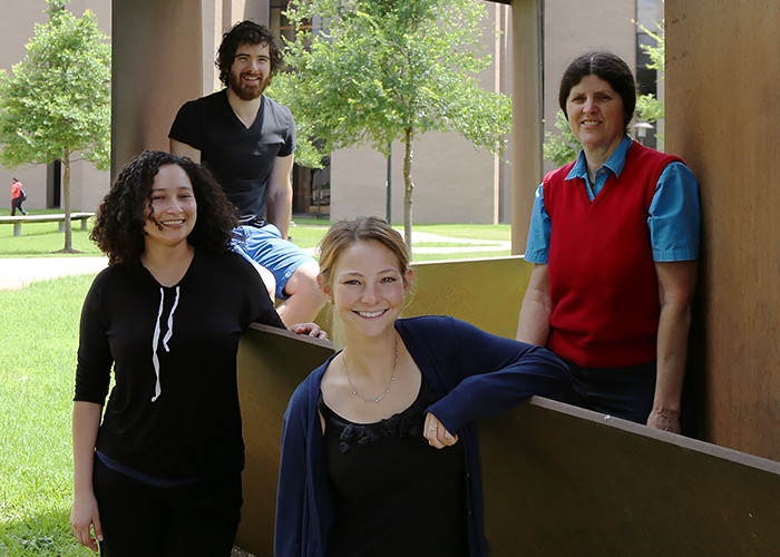 On the University of Houston campus: Bottom: Yuribia Munoz and Delaney Robinson Top: Dustin Villarreal and Dr. Jinny Sisson