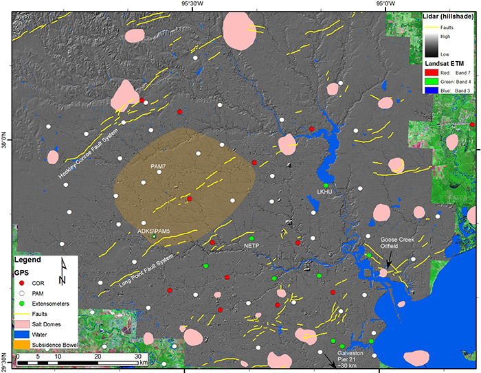 Houston-area active subsidence area appears in brown. Fault lines are shown in yellow.