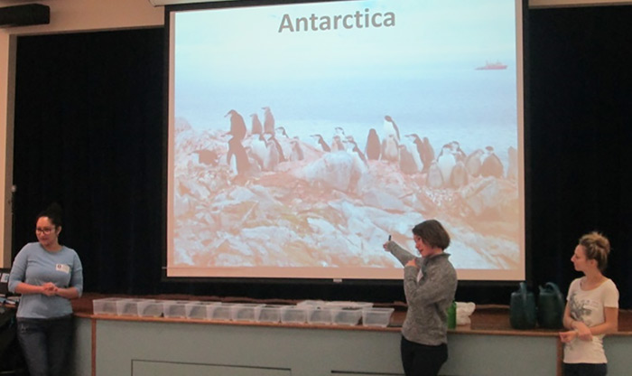 EAS students (left to right) Yuribia Muñoz, Alicia Staszyc and Delaney Robinson present to students at Roberts Elementary about Antarctica and climate change. (Photo courtesy of teacher Jennifer Heemer)