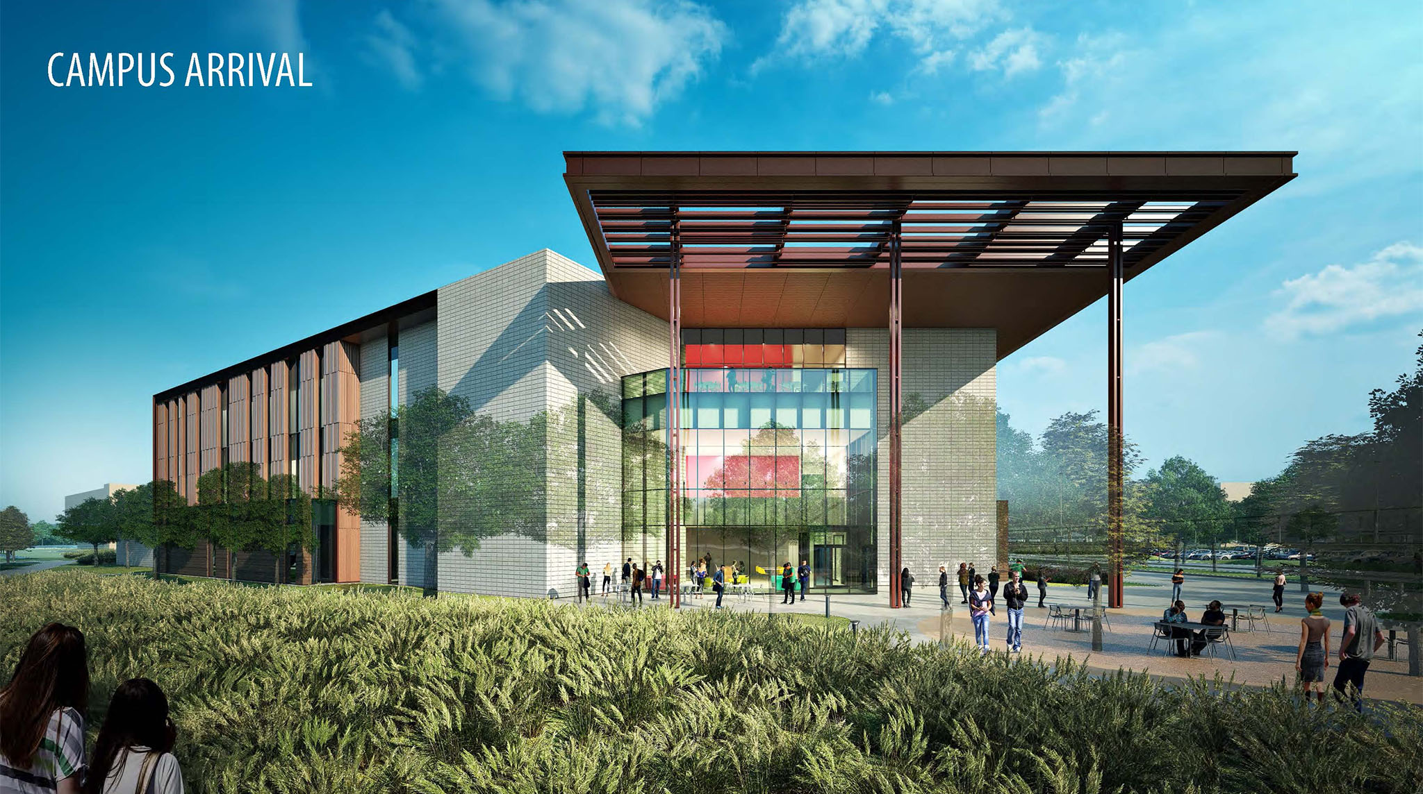 Front view of a new building from the parking lot