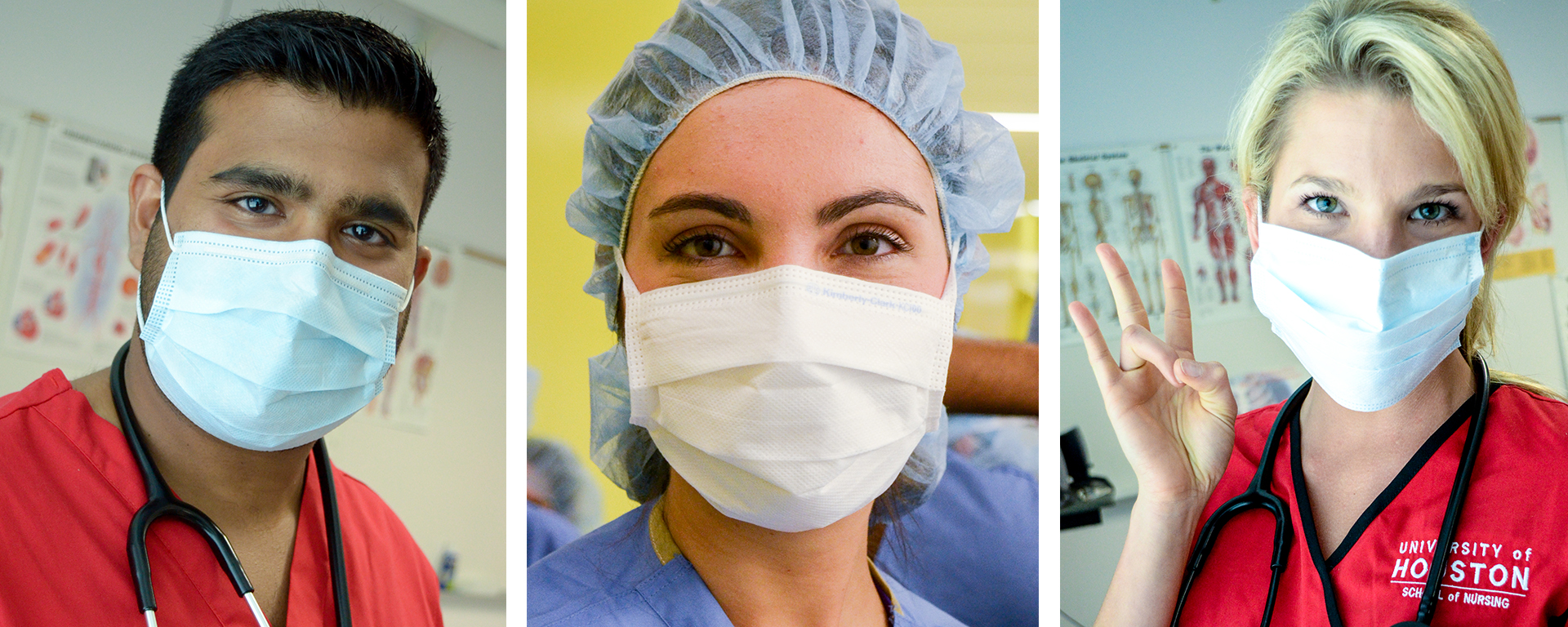 Three portraits of nurses wearing face masks