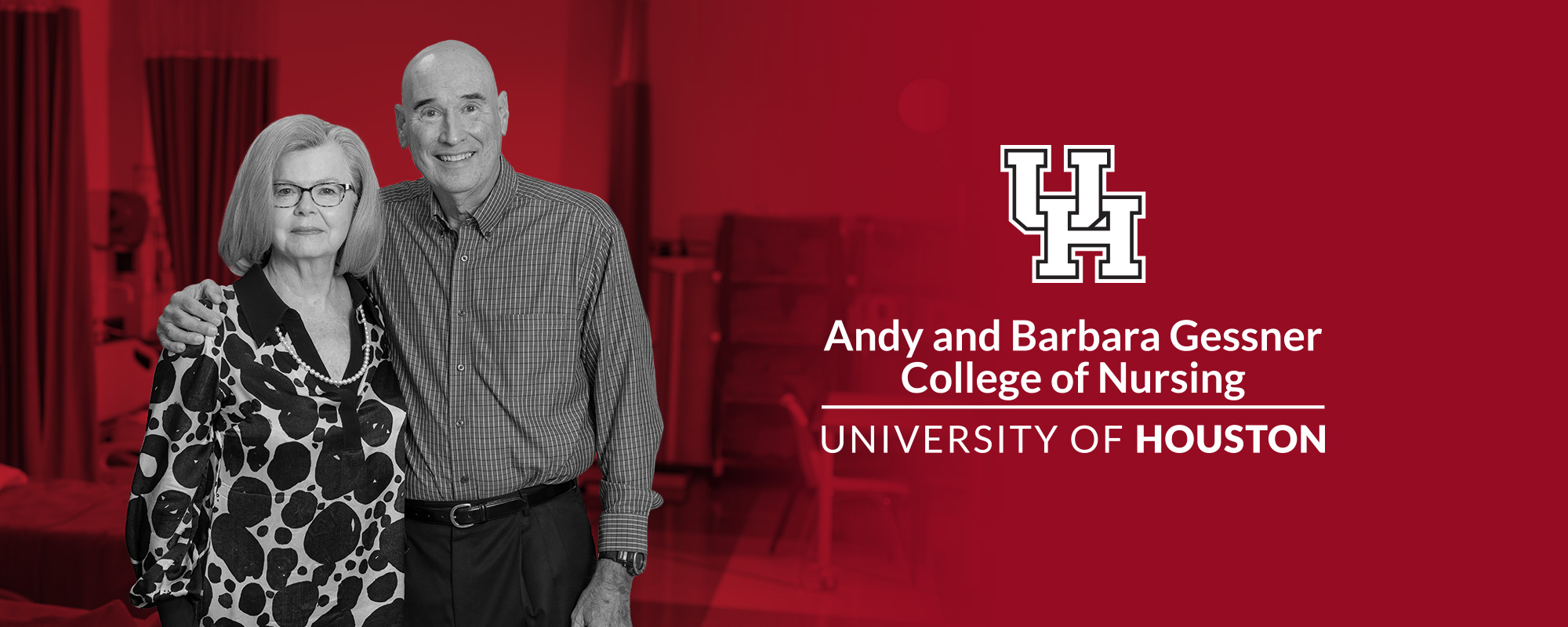 A composite image of an elderly couple, Andy and Barbara Gessners, next to the college logo: UH Andy and Barbara Gessner College of Nursing