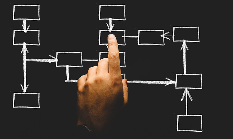 Finger pointing on organizational chart on chalkboard