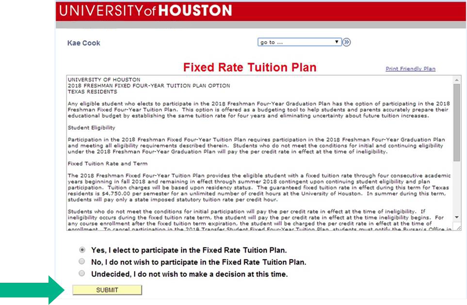 Click "Submit" button to participate in Fixed Rate Tuition
