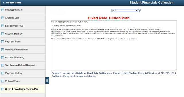 Ineligibility message for Fixed Rate Tuition
