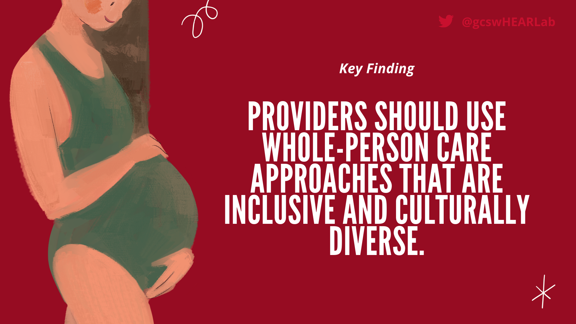 Illustration of a pregnant woman with  a title that reads "Key finding:Providers should use whole-person care approaches that are inclusive and culturally diverse." 