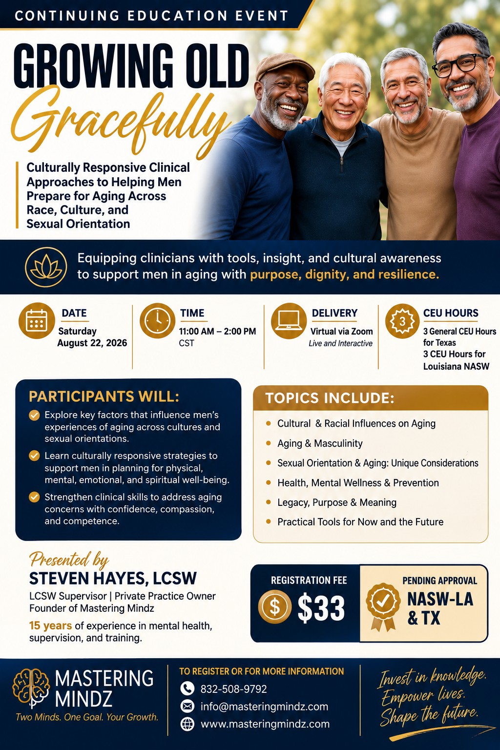 Poster of the "Growing Old Gracefully" event hosted by Mastering Mindz on August 22, 2026. To register, call 832-508-9792 or email info@masteringmindz.com