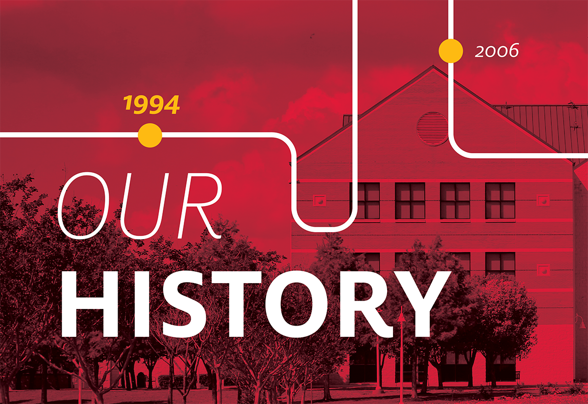 Red composite image of a three-story brick building with a winding timeline graphic on top. Timeline points for 1996 and 2006 are marked.