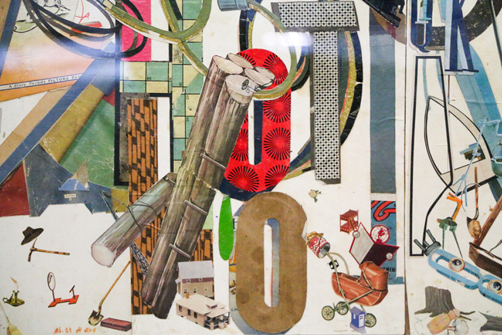 Close up of collage showing letters mixed with household and industrial items