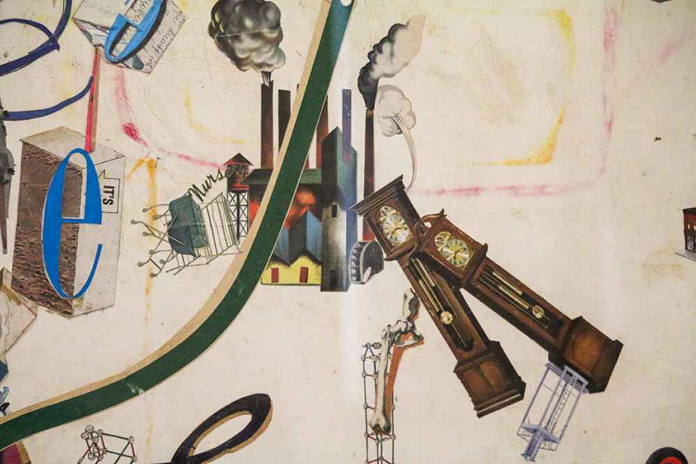 Close up of collage showing clocks and industrial objects