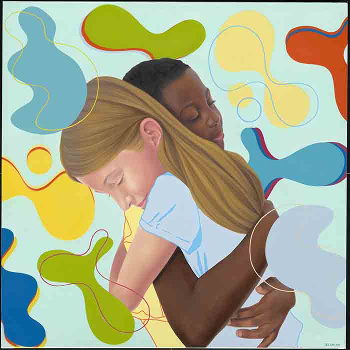 A black girl and a white girl hug while surrounded by colorful amorphous shapes.