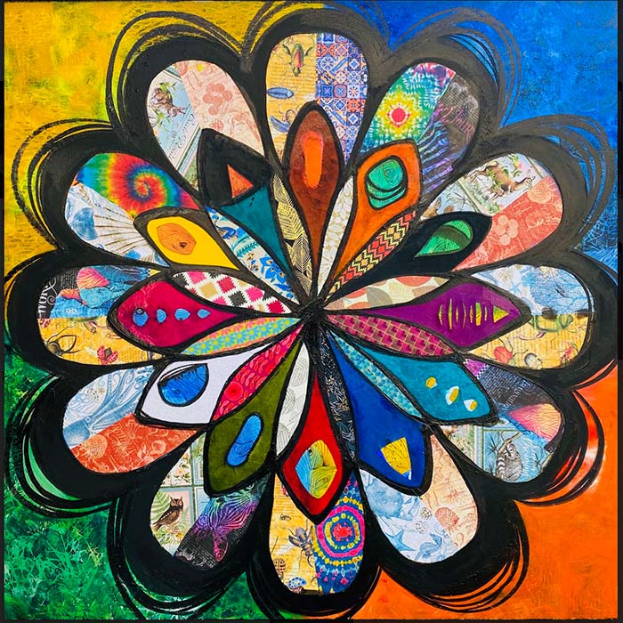 A painting of a colorful flower with each petal featuring a different pattern and color scheme.