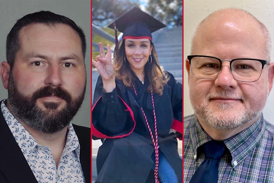 Collage of three protraits: a white man with short black hair and a short black beard; a hispanic woman smiling and wearing graduation regalia; an older white man with a short white and grey beard and wearing glasses.