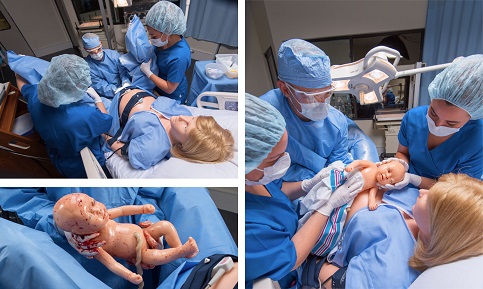 Montage of photos of nurses using a childbirth simulation manikin to deliver a baby manikin
