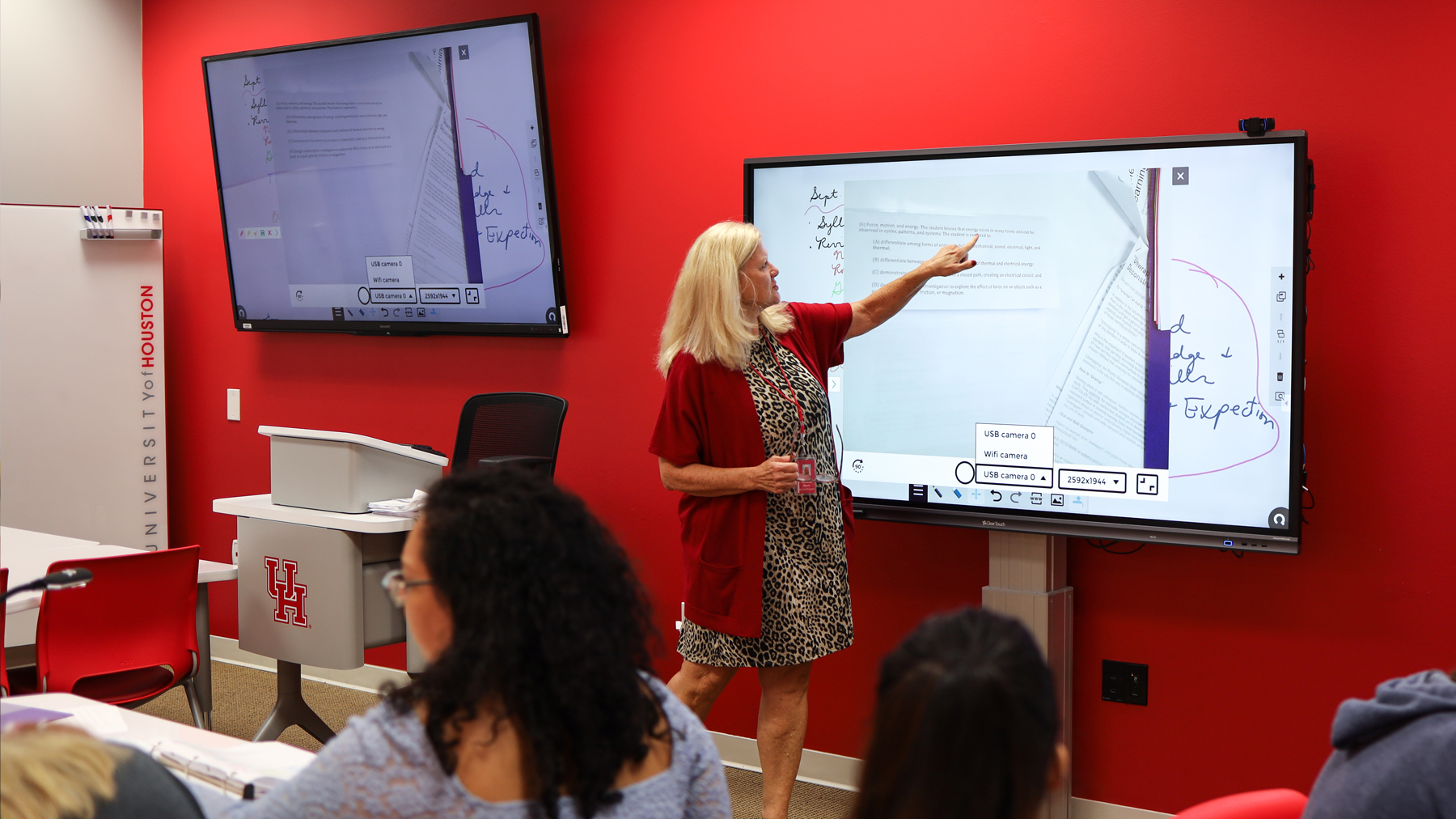 An instructor pointing to notes displayed on a large monitor.