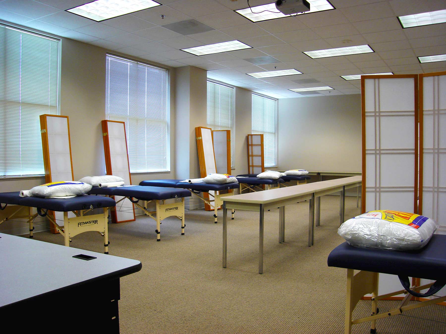 A classroom with a row treatment tables with pillows and partitions.