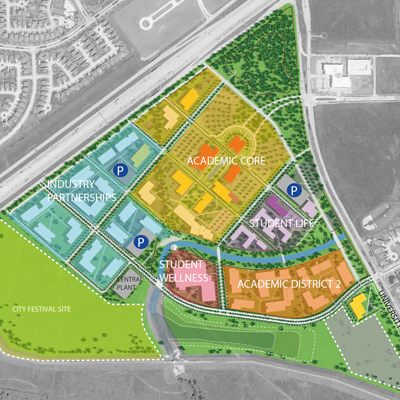 Aerial view of campus grounds with different sections highlighted in various colors.