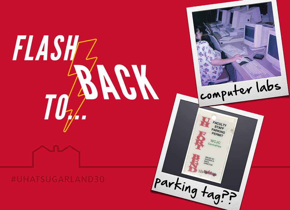 The text "Flash back to..." on the left and photographs of an old parking tag and an old computer lab.