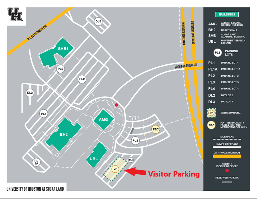 Overhead diagram of the campus with the visitor parking lot (parking lot 4) highlighted in front of the University Branch Library.