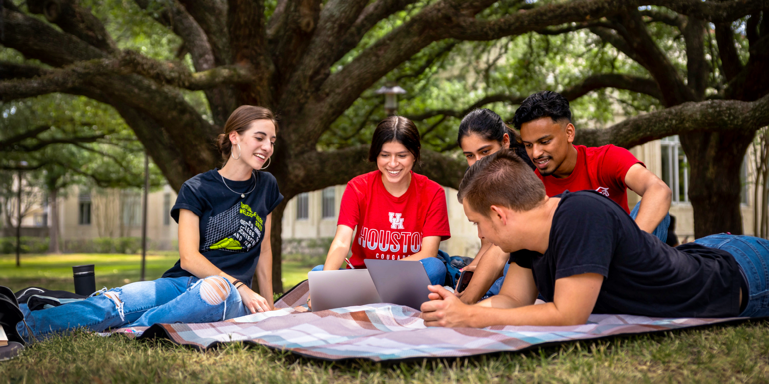 UH students sitting on the grass with laptops