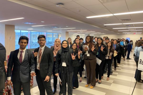 students lined up for Career Fair