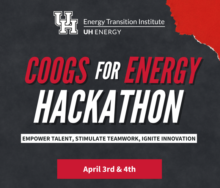 Coogs for Energy Hackathon logo with red and white font and a black background