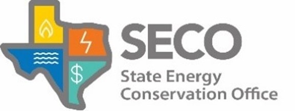 State Energy Conservation Office (SECO) logo is the shape of texas with a yellow section a blue section an orange section and a teal section with the words SECO State Energy Conservation Office in gray.