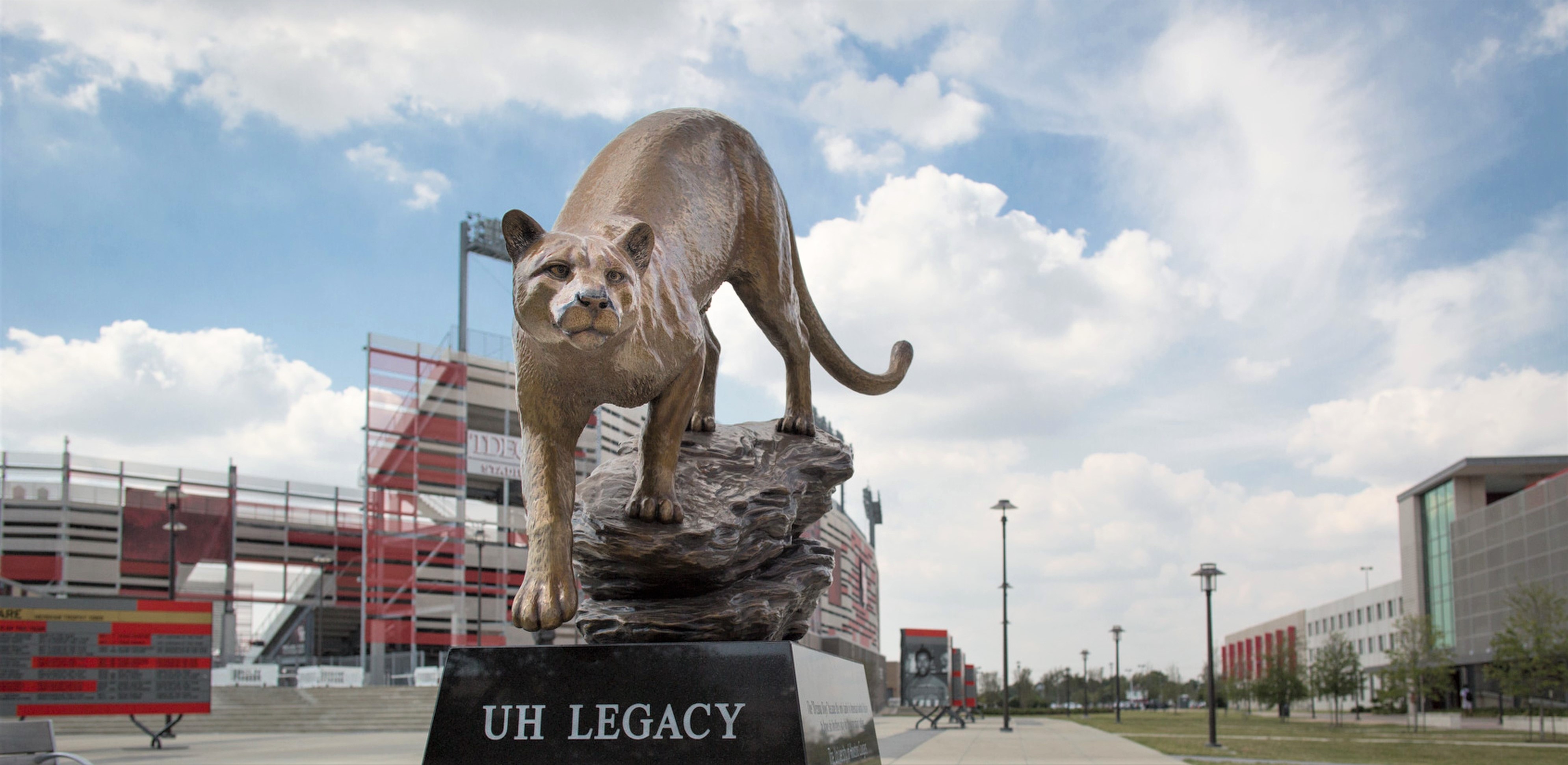 The Cougar statue stands outside of the TDECU stadium.